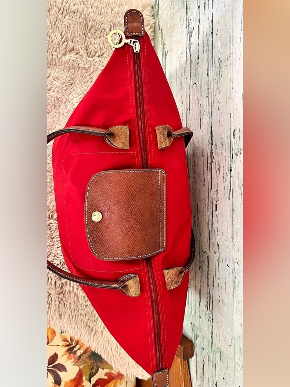 Longchamp Red Tote Bag – Brown Leather Trim – Spacious Everyday Bag - Picture 8 of 16